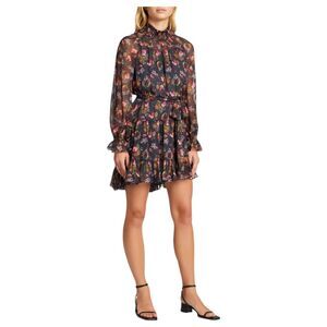 CINQ à SEPT Daija Belted Tiered Gray Floral Print Chiffon Mini Dress Size 8